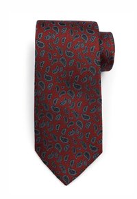Rode zijden stropdas met een paisleypatroon in zwarte en blauwe tinten, met een getextureerd oppervlak en een puntige uiteinde.