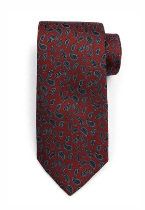 Rote Seidenkrawatte mit einem Paisleymuster in Schwarz- und Blautönen, mit einer strukturierten Oberfläche und einer spitzen Endung.