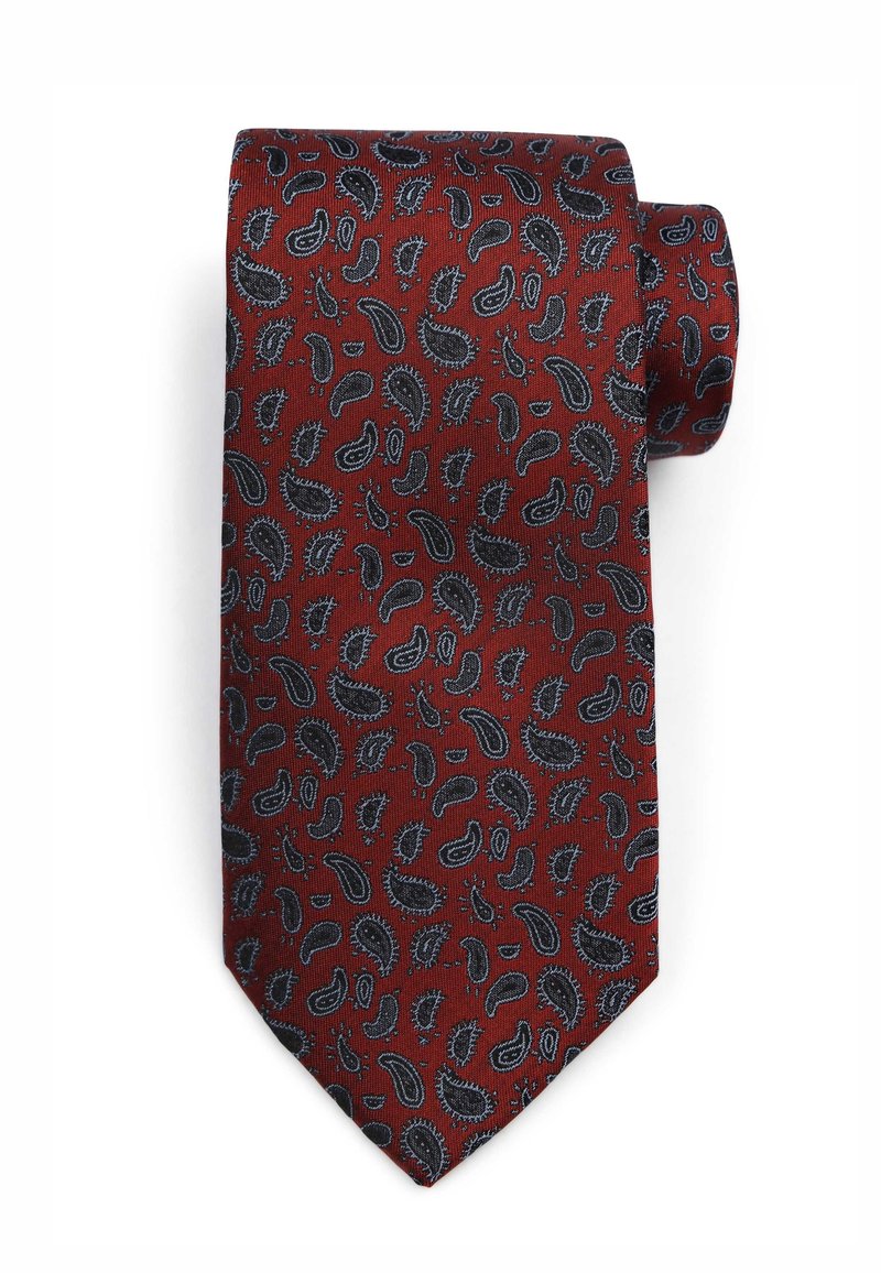 Rode zijden stropdas met een paisleypatroon in zwarte en blauwe tinten, met een getextureerd oppervlak en een puntige uiteinde.