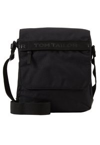 Borsa a tracolla nera con finitura opaca, tracolla regolabile e un flap anteriore con logo in rilievo. Realizzata in tessuto resistente con un design semplice.