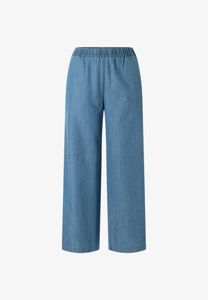 Light blue wide-leg denim pants with elastic waistband and no visible pockets, displayed on a white background.