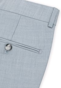 Jasnoniebieskie dopasowane spodnie z teksturowanej tkaniny, z przodu zapinane na guzik oraz z kieszenią na zamek, o gładkim pasie i płaskim przodzie.