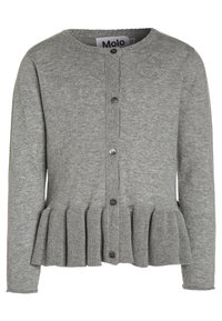 Szary sweter robiony na drutach z długimi rękawami, guzikami z przodu, okrągłym dekoltem i detalem w postaci plisowanej falbany na dolnej krawędzi.