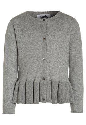 Grijze gebreide cardigan met lange mouwen, knopen aan de voorkant, ronde halslijn en een geplooide ruffles onderaan.