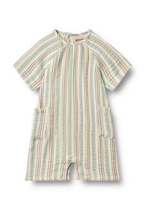 Pasiasty kombinezon z miękkiej bawełny, z pionowymi liniami w kolorach miętowym, beżowym i brązowym. Posiada dwie przednie kieszenie oraz zatrzaski przy nogawkach.