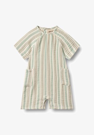 Combinaison rayée en coton doux, avec des lignes verticales en vert menthe, beige et marron. Comprend deux poches frontales et des fermetures à pression aux jambes.