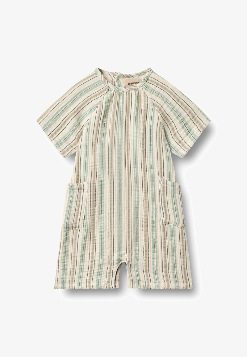 Combinaison rayée en coton doux, avec des lignes verticales en vert menthe, beige et marron. Comprend deux poches frontales et des fermetures à pression aux jambes.