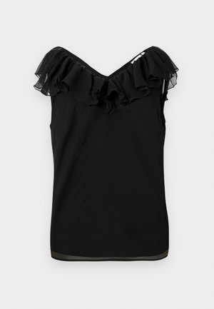 Zwarte mouwloze blouse voor dames met een off-shoulder volant halslijn en een transparante stofafwerking aan de randen, tegen een witte achtergrond.