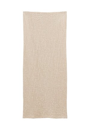 Woven textile in a textured beige pattern, rectangular shape. Soft material with a subtle, uniform surface texture.