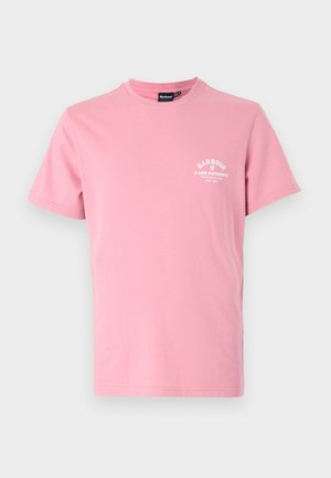 Rosa Baumwoll-T-Shirt mit kurzen Ärmeln, Rundhalsausschnitt und weißem Logo-Druck auf der Brust. Glatte Textur und reguläre Passform.