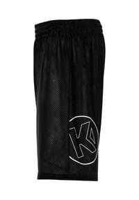 Shorts de sport en mesh noir avec une taille élastique, arborant un logo blanc sur la jambe gauche, conçus pour la respirabilité et le confort.