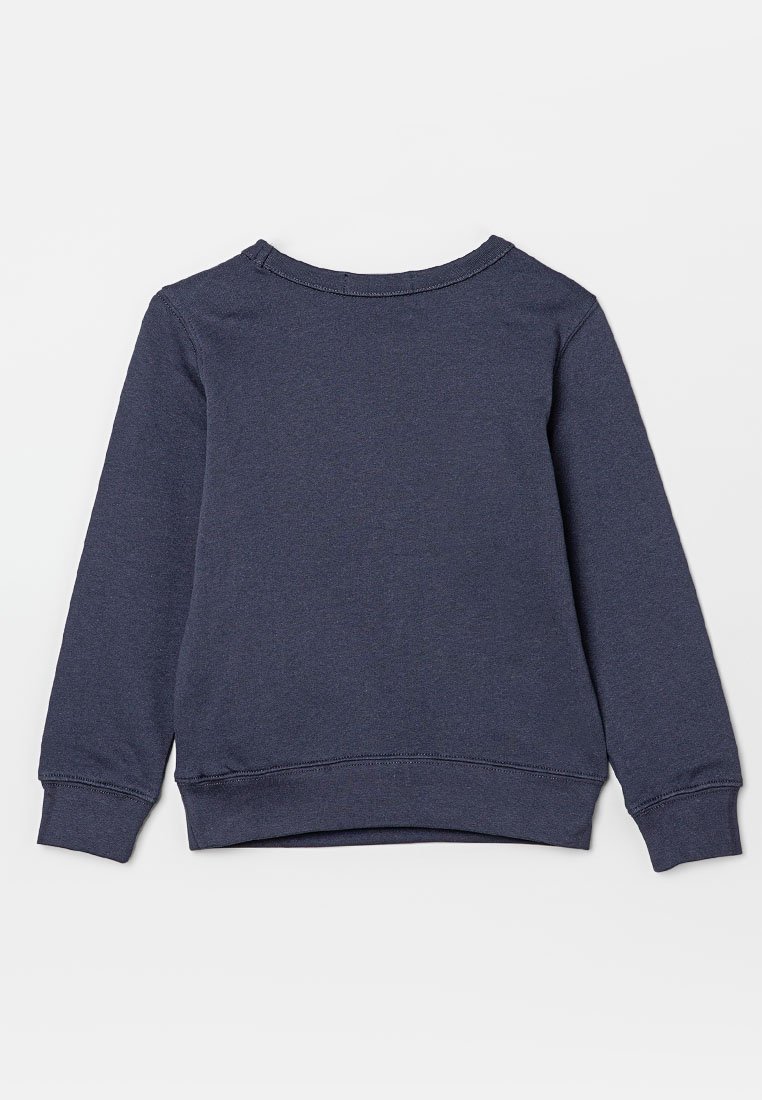 Dunkelblaues Sweatshirt mit langen Ärmeln, rundem Halsausschnitt, gerippten Bündchen und Saum. Hergestellt aus weichem Stoff mit glatter Textur.