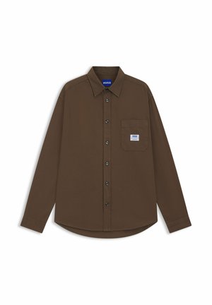 Brown long-sleeve shirt made of cotton. Features a folded collar, button-down front, and a left chest pocket with a logo patch.