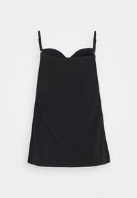 Robe noire sans manches avec un corsage ajusté, un décolleté en V et une jupe drapée. Confectionnée dans un tissu lisse au toucher doux.