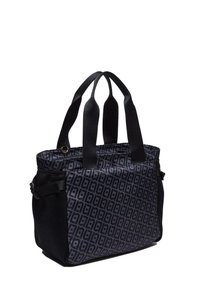 Borsa tote nera con un motivo geometrico, dotata di manici doppi, una tasca laterale in rete e chiusura a zip. Tessuto resistente con una finitura testurizzata.