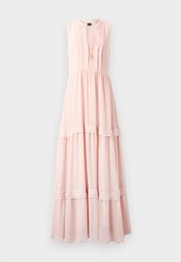 Lungo vestito senza maniche color rosa pallido con un corpino plissettato, vita arricciata e gonna a strati con bande orizzontali. Tessuto morbido e fluido.