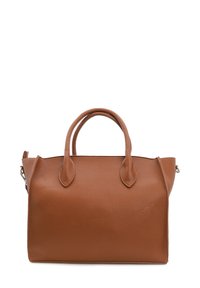 Brązowa torebka ze skóry o teksturowanej powierzchni, z dwoma krótkimi uchwytami i strukturalnym designem. Posiada otwartą górę i lekko zwężane boki.