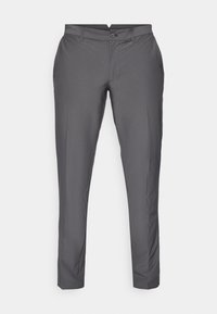 Gray trousers made of smooth fabric. Features a tailored fit with a flat front, belt loops, and a button closure. Classic design.