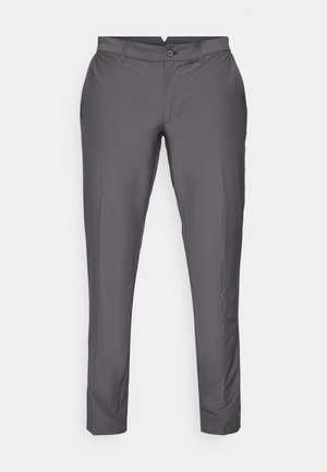 Gray trousers made of smooth fabric. Features a tailored fit with a flat front, belt loops, and a button closure. Classic design.