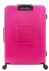 Hot pink hard-shell suitcase with a LEGO logo embossed on the front. Features a black handle and sturdy wheels for mobility.