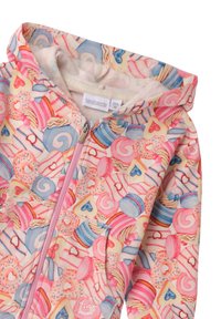 Felpa per bambini con zip rosa e un motivo colorato di dolciumi che include ciambelle, cupcake, biscotti e macarons su tessuto crema.