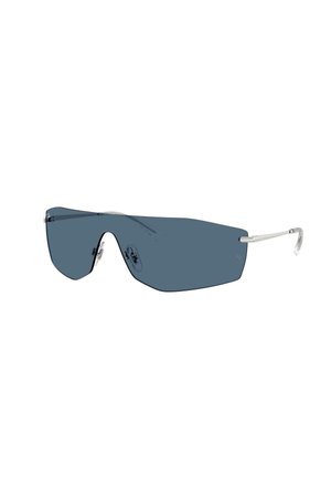 Elegante par de gafas de sol sin montura con tono azul, almohadillas nasales ajustables transparentes y varillas plateadas y delgadas.