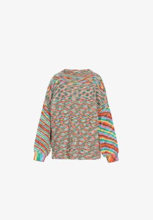 Multicolored knit sweater with a loose fit, dropped shoulders, and ribbed cuffs. Features a blend of vibrant patterns in pastel shades.