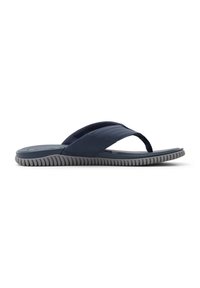Navyblaue Flip-Flops mit einem strukturierten Riemen und einer flexiblen grauen Sohle mit Rillenmuster, geeignet für den Freizeitgebrauch.