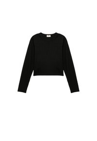 Czarny, prążkowany, długi rękaw, crop top z okrągłym dekoltem. Charakteryzuje się dopasowanym krojem i teksturowanym materiałem. Prosty design bez dodatkowych akcentów.