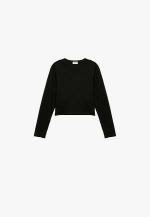 Schwarzes, geripptes, langärmliges Croptop mit Rundhalsausschnitt. Hat einen schmalen Schnitt und ein strukturiertes Material. Einfaches Design ohne zusätzliche Akzente.