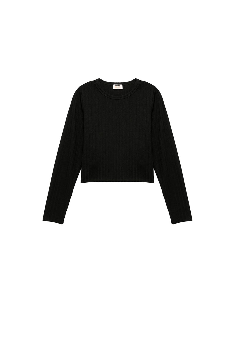 Czarny, prążkowany, długi rękaw, crop top z okrągłym dekoltem. Charakteryzuje się dopasowanym krojem i teksturowanym materiałem. Prosty design bez dodatkowych akcentów.