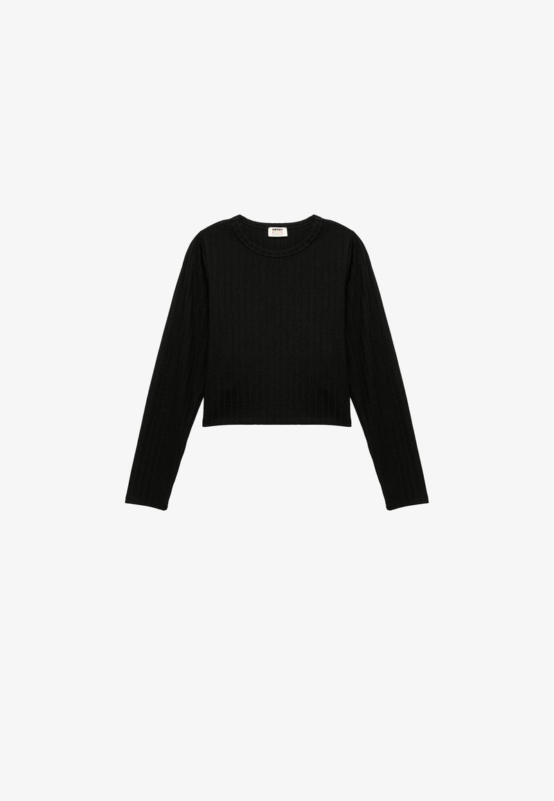 Crop top a maniche lunghe nero a coste con scollatura rotonda. Presenta una vestibilità aderente e un tessuto testurizzato. Design semplice senza ulteriori dettagli.