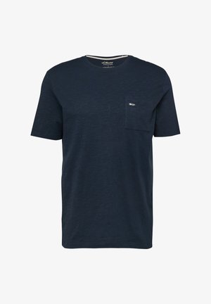 Marineblaue Kurzarm-Baumwoll-T-Shirt mit Rundhalsausschnitt und kleinem Brusttasche mit dezentem Markenetikett.