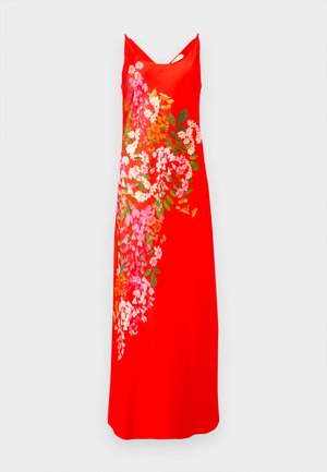 Red sleeveless long dress with thin straps and a cascading floral print in pink, orange, and green along one side.