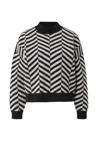 Czarnobiały dziergany sweter z wzorem jodełki, wysokim kołnierzem i ściągaczami na rękawach. Krótki krój z fakturowanym materiałem.