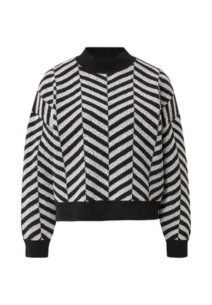 Czarnobiały dziergany sweter z wzorem jodełki, wysokim kołnierzem i ściągaczami na rękawach. Krótki krój z fakturowanym materiałem.