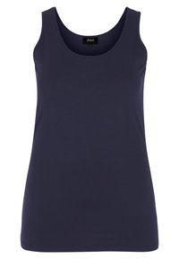 Camiseta sin mangas de color azul marino con un escote redondeado, hecha de una suave tela elástica. Textura lisa sin patrones o adornos visibles.