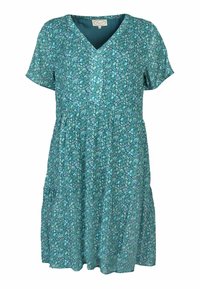 Kurzärmliges Kleid aus türkisfarbenem Stoff mit floralem Muster in Pink und Hellblau, mit V-Ausschnitt und geraffter Taille für einen entspannten Sitz.