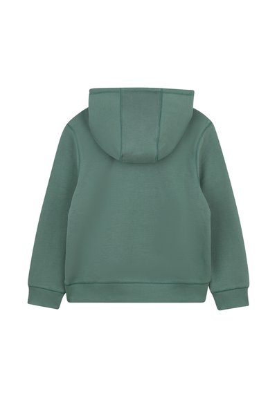 Sweat-shirt vert avec capuche, présentant un tissu texturé, des poignets côtelés et un design simple. Pas de logos ou motifs visibles.