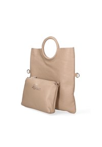 Borsa tote in pelle beige con manici circolari e una pochette rimovibile con zip. L'esterno presenta una finitura testurizzata e un sottile dettaglio del logo.