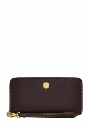 Brown leather wallet with a smooth texture, gold hardware, and contrasting stitching; includes a wrist strap and embossed logo detail.