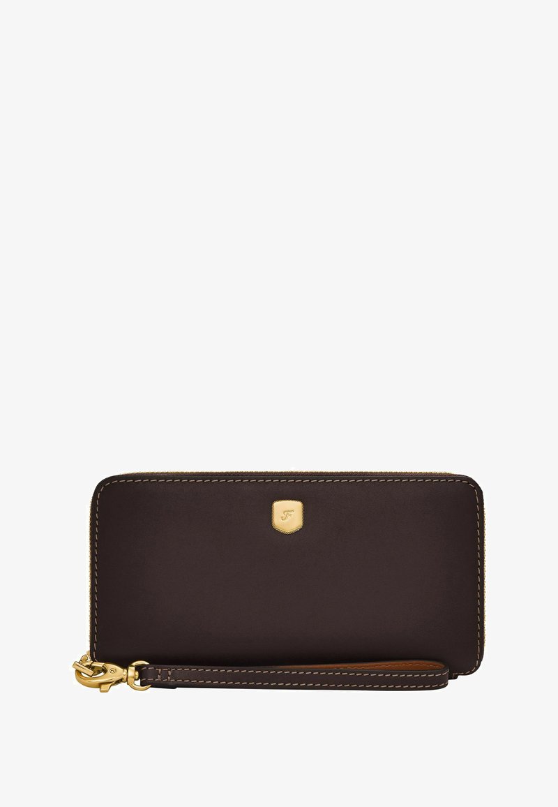 Brown leather wallet with a smooth texture, gold hardware, and contrasting stitching; includes a wrist strap and embossed logo detail.