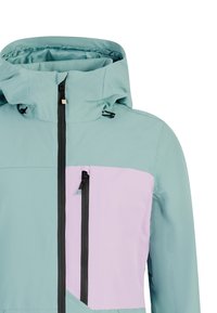 Větrník ve světle modré a levandulové barvě, s vysokým límcem, zipovou náprsní kapsou a černými zipovými akcenty. Hladká, voděodolná tkanina.