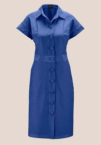 Blaues Hemdkleid aus glattem Stoff, mit kurzen Ärmeln, kragenlosem Ausschnitt und geradem Schnitt mit mittellangem Saum.