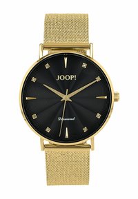 Gouden horloge met een gestructureerde zwarte wijzerplaat, voorzien van gouden uurmarkeringen, een mesh-band en het merk "JOOP!" op de wijzerplaat.