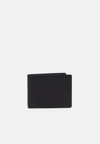 Portefeuille bifold en cuir noir avec un design minimalist, texture lisse et accents cousus. Forme compacte pour une portabilité facile.