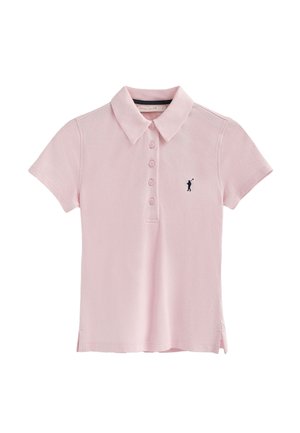 Koszulka polo w jasnoróżowym kolorze z bawełny, z trzema guzikami, krótkimi rękawami i bocznymi wentylacjami; zawiera małe ciemne logo na piersi.