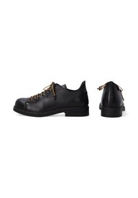 Schwarze Lederschuhe mit runder Spitze, braunen Schnürsenkeln, niedrigem Absatz und kontrastierenden Nähdetails. Seitliche und hintere Ansichten angezeigt.