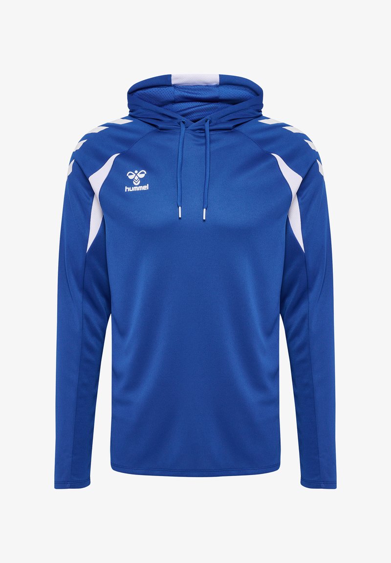 Hoodie de sport bleu à manches longues avec des accents blancs sur les épaules, des cordons et un petit logo blanc Hummel sur la poitrine gauche.