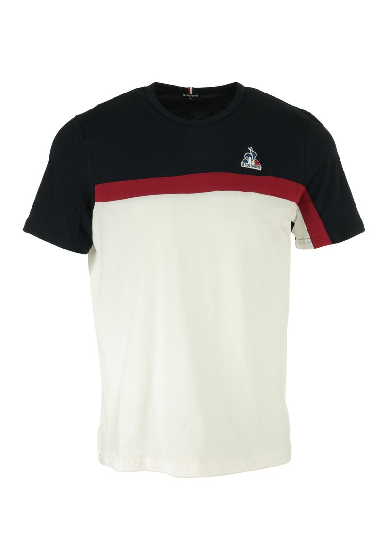 T-shirt da uomo a maniche corte in blu navy, bianco e rosso. Presenta un design a strisce con colletto rotondo e logo sul lato sinistro del petto. Realizzato in morbido cotone.